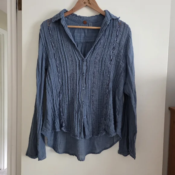 Free People Blue Ribbed Button Down Shirt - Picture 2 of 2
